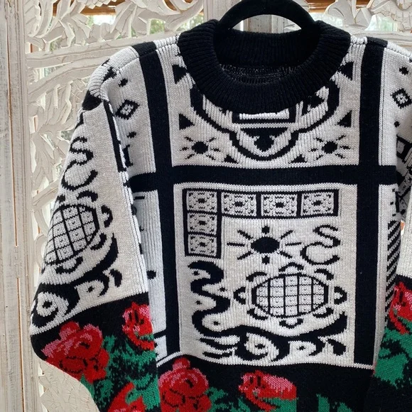 Funky 1980s vintage floral knit sweater with a colorful eclectic pattern-Medium - Picture 5 of 12